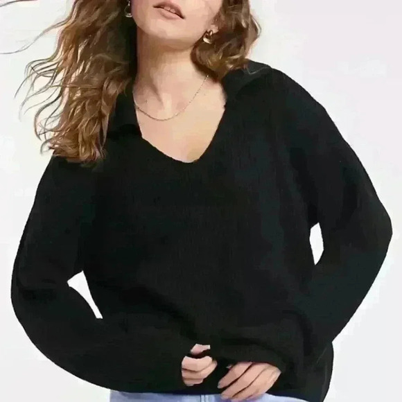 ASOS DESIGN v neck sweater with collar open knit in black size Small - Picture 2 of 12
